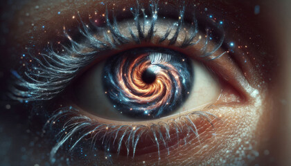 Human Eye Iris Transformed into a Spiral Galaxy with Nebula Tears, Cosmic Vision Portrait