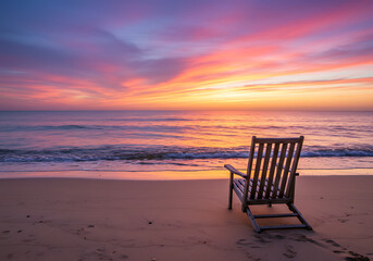 An empty wooden chair sits on a beach at sunset, facing the ocean.
