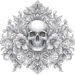 Ornate floral frame design with a central skull, grayscale shaded illustration