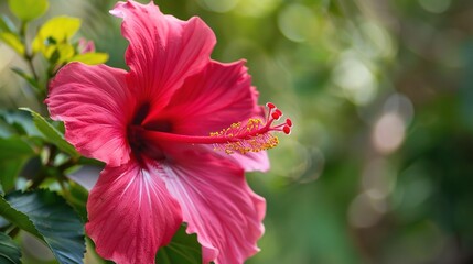 Vibrant hibiscus flowers in bright red and pink hues, with large, ruffled petals and yellow stamens, blooming in a sunny garden alongside green leaves, symbolizing tropical beauty and summer charm