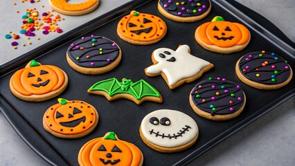 Halloween sugar cookies with icing decorations shaped like pumpkins, ghosts, bats, and skulls on baking tray with colorful sprinkles