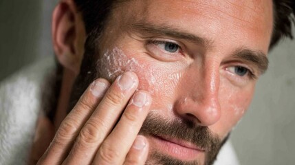 Obraz premium Man Applying Facial Scrub in Bathroom During Morning Skincare Routine for Healthy Skin and Grooming