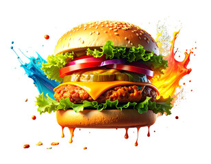 Stylized Cartoon Falling Chicken Burger with Exaggerated Proportions, Angled View, Isolated Transparent Background PNG
