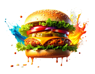 Stylized Cartoon Falling Chicken Burger with Exaggerated Proportions, Angled View, Isolated Transparent Background PNG