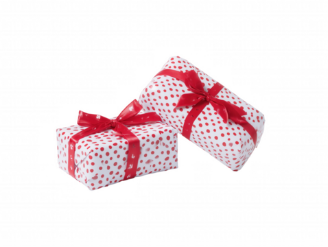 Two gift boxes with red and white polka-dot pattern and red ribbons on transparent background