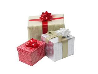 Obraz premium Three gift boxes with festive wrapping and bows on transparent background