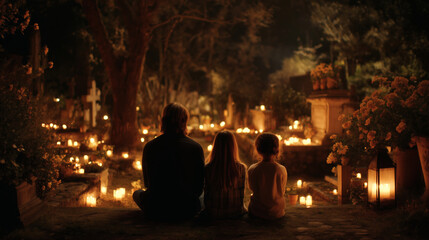 Obraz premium A poignant and respectful shot of a family sitting together at a decorated gravesite in a cemetery. 