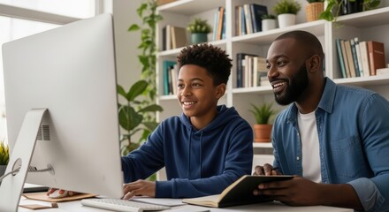 Engaging online education experience for children with a parent assisting in a modern home environment