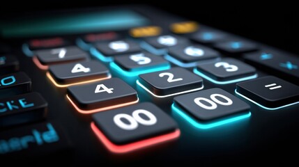 Obraz premium Close-up View of a Modern Calculator Displaying Numbers and Buttons Illuminated in Vibrant Colors