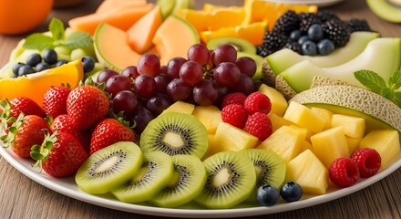 Obraz premium Assorted Fresh Fruit Platter with Strawberries, Grapes, and Melon