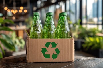 Recycled glass bottles in a cardboard box