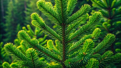 Obraz premium Close-up of green fir tree branch in lush forest symbolizing nature, evergreen life, freshness, winter season, christmas and environmental beauty