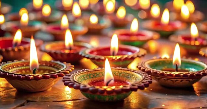 Several diwali diyas are lit and decorate the room