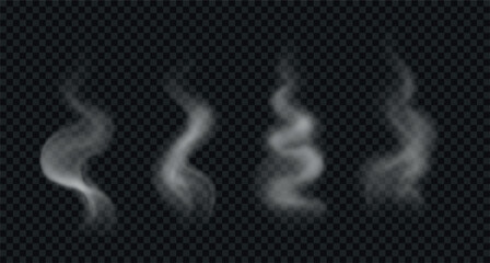 Set of realistic wavy smoke, steam from hot food and drinks. Vector swirl, white vapor isolated on transparent background