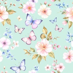 Seamless floral pattern with abstract blue pink flowers and leaves. Watercolor colorful print in rustic vintage style, textile or wallpapers background