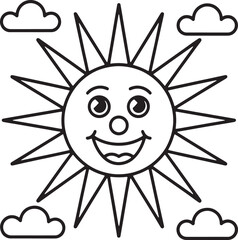 Happy cartoon sun with a wide grin and rays surrounded by fluffy clouds for coloring smiling face