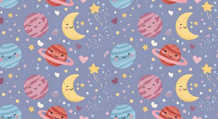 Cute cartoon planets and moon seamless pattern on a purple background.