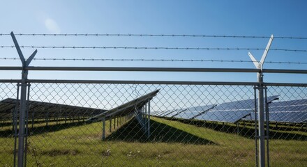 Fototapeta premium Secured solar farm landscape against clear sky, showcasing renewable energy production