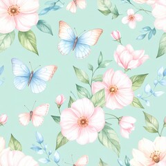Seamless floral pattern with abstract blue pink flowers and leaves. Watercolor colorful print in rustic vintage style, textile or wallpapers background