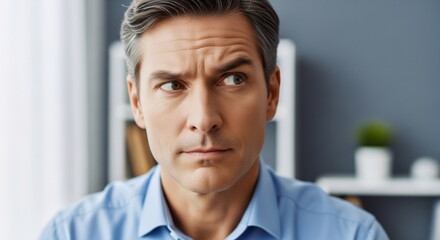 A man with gray hair, wearing a blue shirt, looking off into the distance with a thoughtful expression.