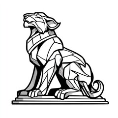 A stylized, geometric dog statue with head tilted upward, in a grayscale illustration