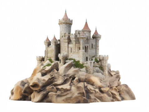 Miniature model of a medieval castle with towers and turrets on a rocky outcrop, transparent background