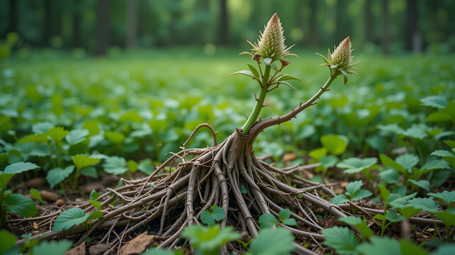 Close-up detail of a wild astragalus plant with intricate root system and branching stem in a green field, showcasing its unique texture and morphology , forest, foliage