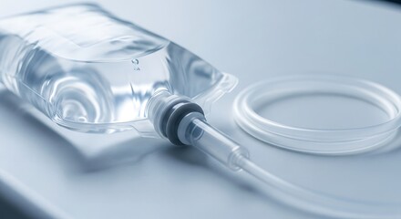 Iv bag and tubing on a light surface.