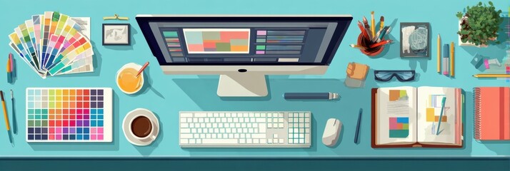 Fototapeta premium Creative Workspace on a Desk Featuring Design Tools, a Computer, and Colorful Materials for Projects Throughout the Day