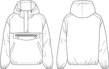 Hooded half zip jacket technical flat sketch, front and back views, chest pocket, elastic cuffs and hem, cad drawing flat vector illustration © Su Joy Creatives