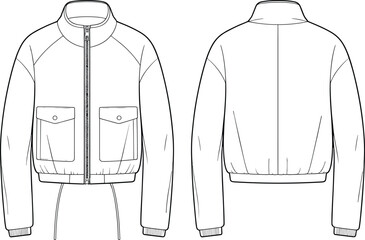 Long sleeve zip front jacket technical flat sketch, front and back views, high collar, flap pockets, ribbed cuffs and waistband, cad drawing flat vector illustration © Su Joy Creatives