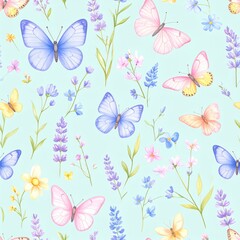 Seamless floral pattern with abstract blue pink flowers and leaves. Watercolor colorful print in rustic vintage style, textile or wallpapers background