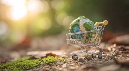 Miniature globe in shopping cart, nature setting