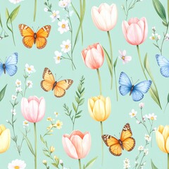 Seamless floral pattern with abstract blue pink flowers and leaves. Watercolor colorful print in rustic vintage style, textile or wallpapers background
