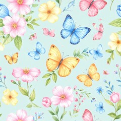 Seamless floral pattern with abstract blue pink flowers and leaves. Watercolor colorful print in rustic vintage style, textile or wallpapers background