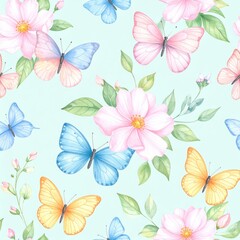 Seamless floral pattern with abstract blue pink flowers and leaves. Watercolor colorful print in rustic vintage style, textile or wallpapers background