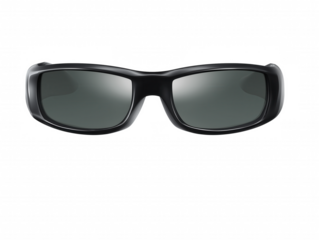 Pair of sleek black sunglasses with green tinted lenses on transparent background