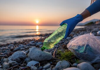 Gloved hand picks up plastic bottle on beach at sunset