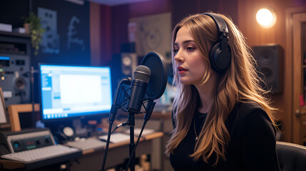 Female singer during vocal recording at music studio