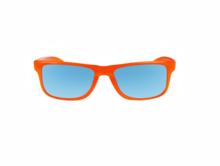 Modern rectangular sunglasses with orange frame and blue lenses on transparent background