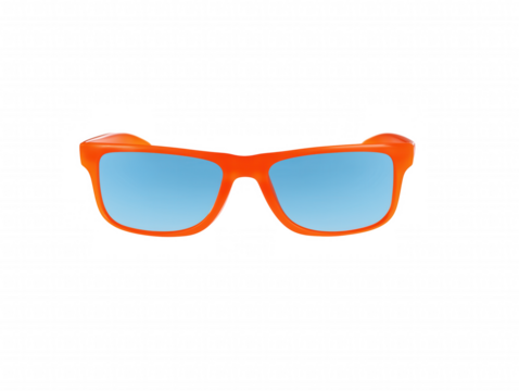 Modern rectangular sunglasses with orange frame and blue lenses on transparent background - Powered by Adobe