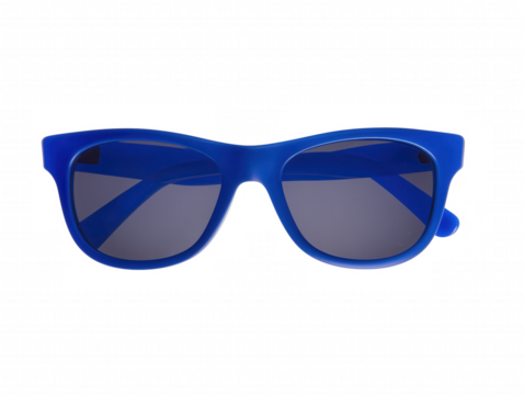 Modern blue rectangular sunglasses with dark gray lenses on transparent background