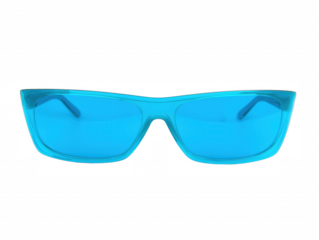 Modern rectangular sunglasses with translucent blue frame and solid blue lenses on transparent background