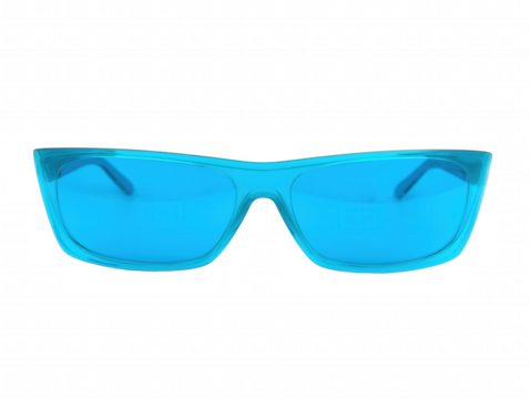 Modern rectangular sunglasses with translucent blue frame and solid blue lenses on transparent background
