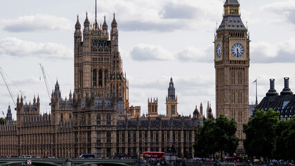 Obraz premium Palace of Westminster with Elizabeth Tower, also known as Big Ben, under cloudy sky in London, United Kingdom