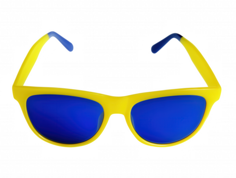 Pair of bold rectangular sunglasses with vibrant yellow frame and deep blue reflective lenses on transparent background