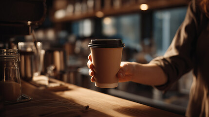 A candid shot of a barista's hand serving a blank paper coffee cup to a customer. The image focuses on the interaction and the professional service, without any distracting branding.
