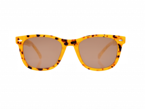 Retro-inspired sunglasses with tortoiseshell-patterned yellow frame and rose-tinted lenses on transparent background