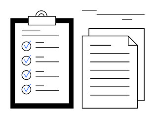 Clipboard with checklist and marked checkboxes alongside stack of papers. Ideal for task planning, productivity, organization, project management, workflow, auditing, documentation. Clean simple