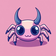 Naklejka premium Charming kawaii demon spider with big adorable eyes and blue horns, a cute pink monster character concept art on a simple background